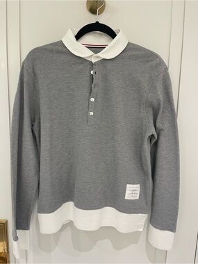 Thom Browne Gray Polo Sweatshirt with White Hem